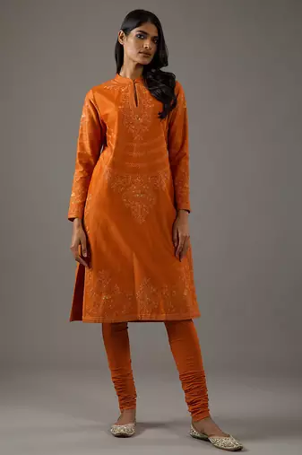 Rust floral embroidered chanderi silk kurta set