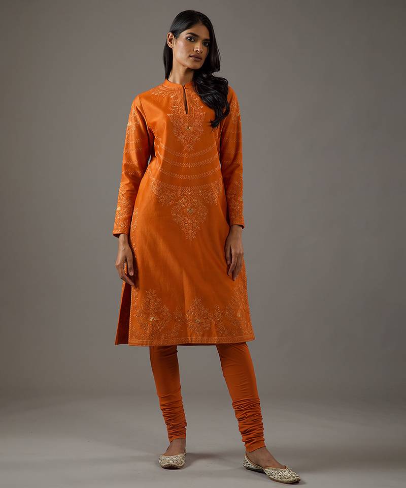 Rust floral embroidered chanderi silk kurta set
