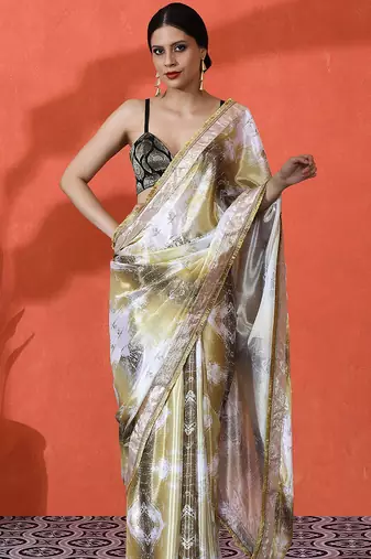 Gold chinon digital printed saree