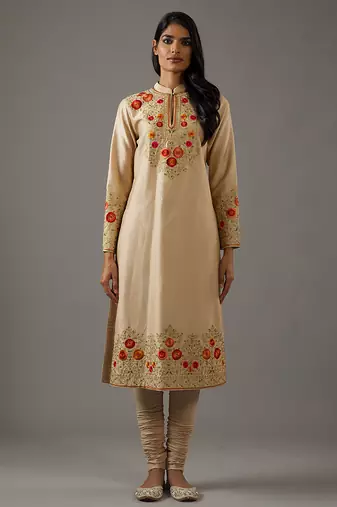 Beige floral embroidered chanderi silk kurta set