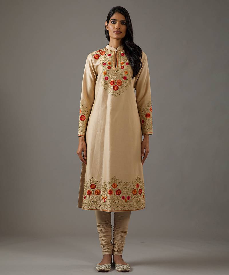 Beige floral embroidered chanderi silk kurta set