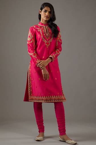 Fuchsia floral embroidered chanderi silk kurta set