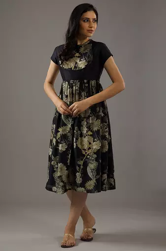 Black floral printed chanderi silk dress