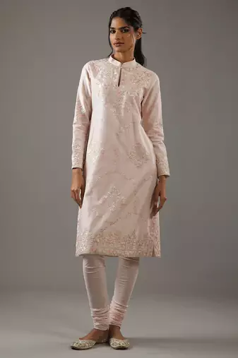 Pink floral embroidered chanderi silk kurta set