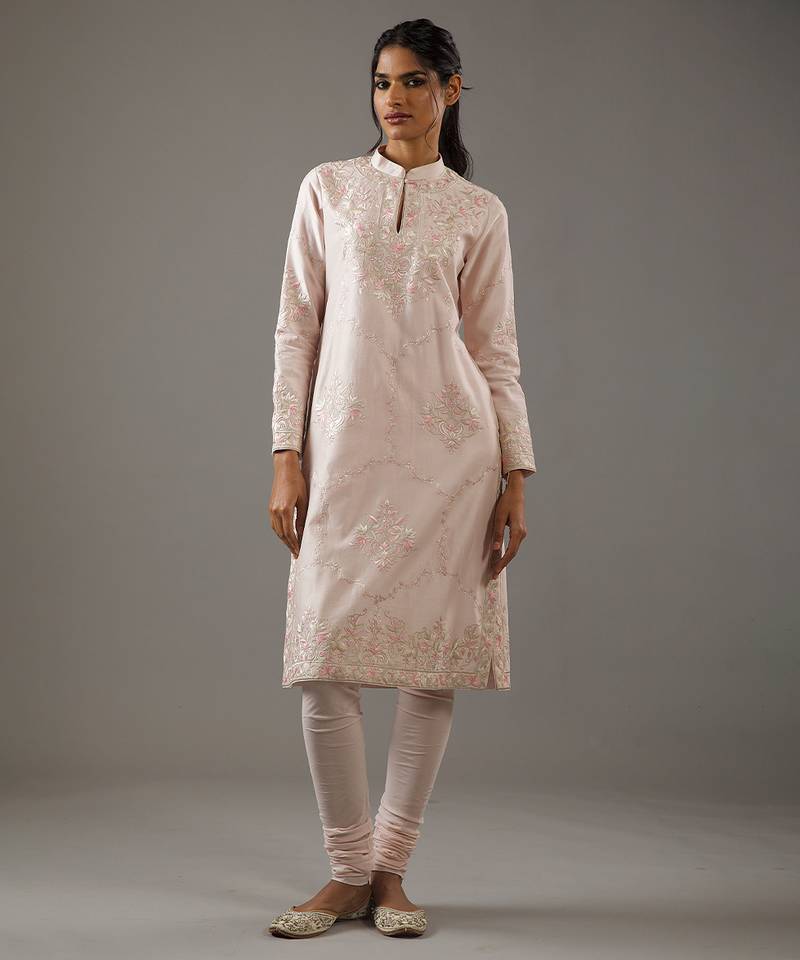 Pink floral embroidered chanderi silk kurta set