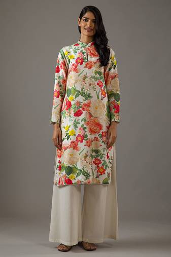 Ivory floral printed chanderi silk kurta set