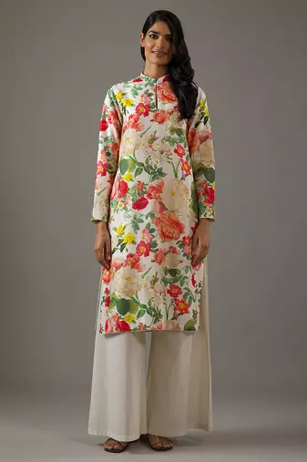 Ivory floral printed chanderi silk kurta set