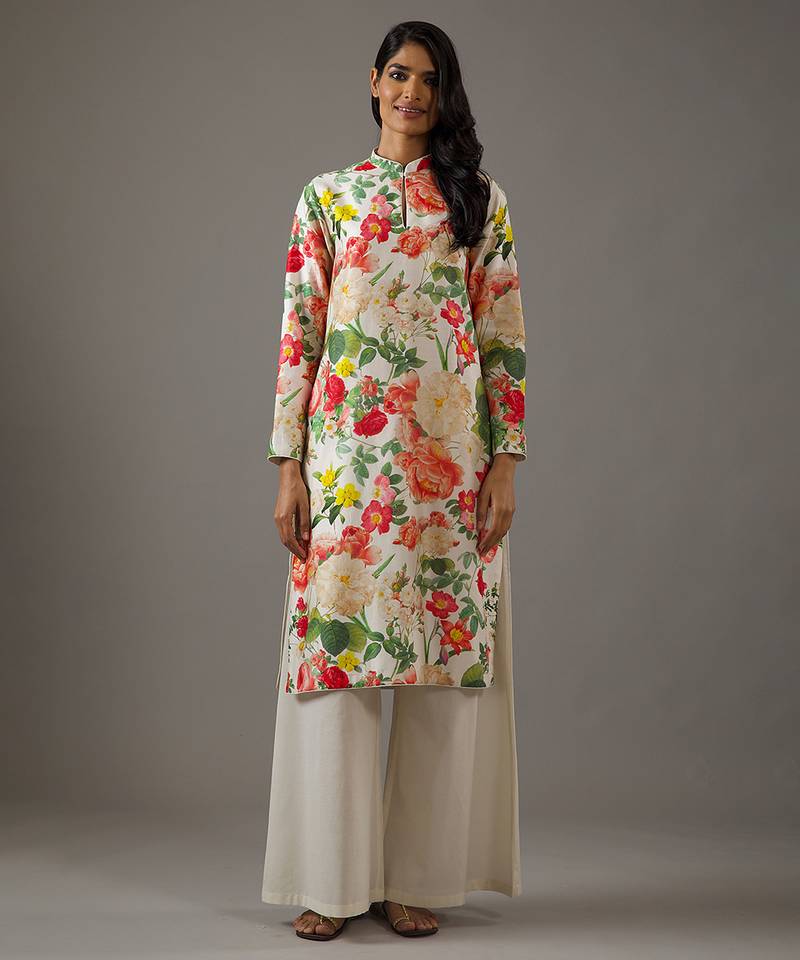 Ivory floral printed chanderi silk kurta set