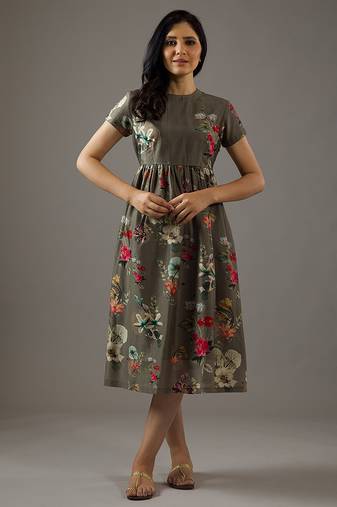 Grey floral printed chanderi silk dress