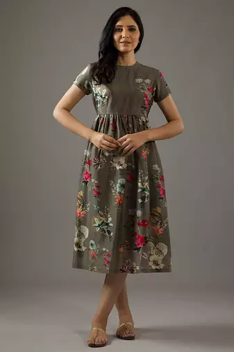 Grey floral printed chanderi silk dress