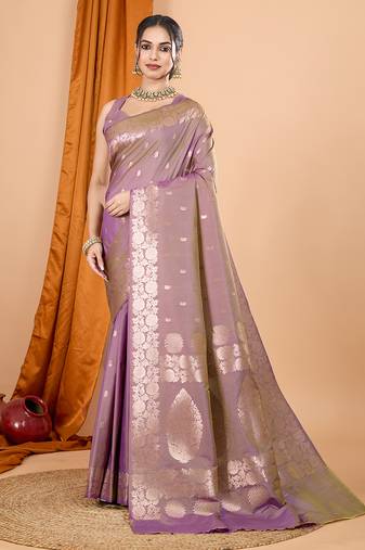 lavender banarasi silk blend meenakari zari weaving saree with tassels on pallu
