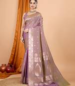 lavender banarasi silk blend meenakari zari weaving saree with tassels on pallu