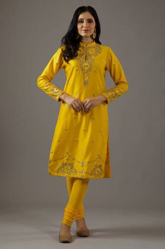 Yellow floral embroidered chanderi silk kurta set