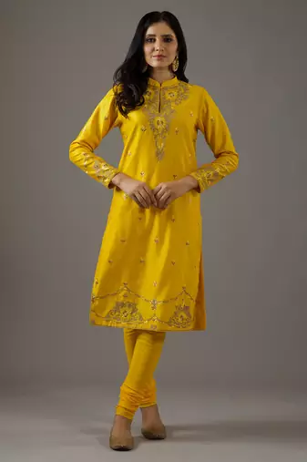 Yellow floral embroidered chanderi silk kurta set