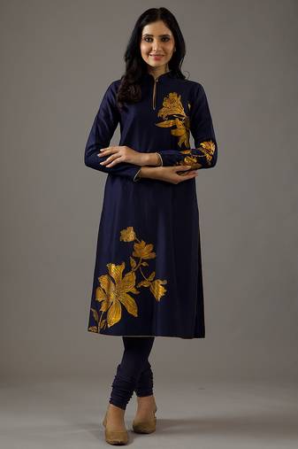 Indigo floral printed chanderi silk kurta set