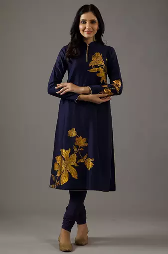 Indigo floral printed chanderi silk kurta set