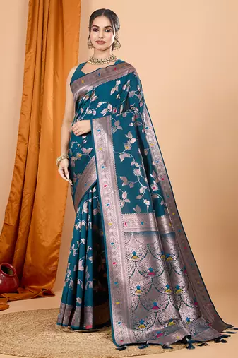 rama banarasi silk blend meenakari zari weaving saree with tassels on pallu
