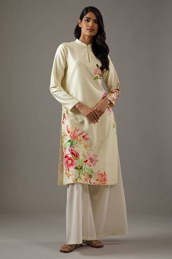 Ivory floral printed chanderi silk kurta set