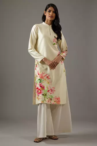 Ivory floral printed chanderi silk kurta set