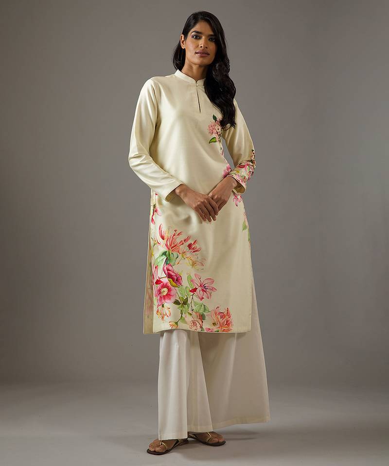 Ivory floral printed chanderi silk kurta set