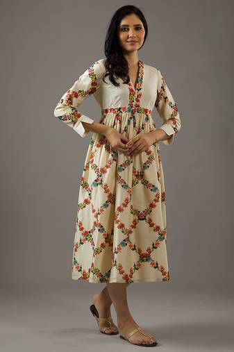 Ivory floral printed chanderi silk dress