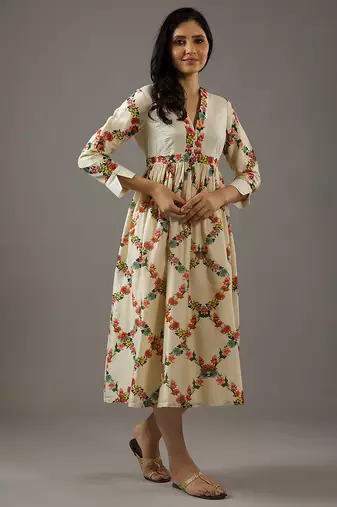 Ivory floral printed chanderi silk dress