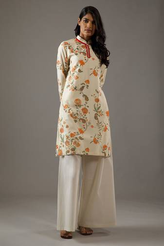Ivory floral printed chanderi silk kurta set