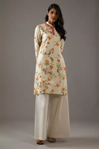 Ivory floral printed chanderi silk kurta set
