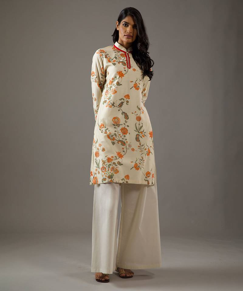 Ivory floral printed chanderi silk kurta set