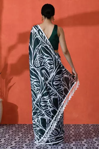 Green chinon digital printed saree