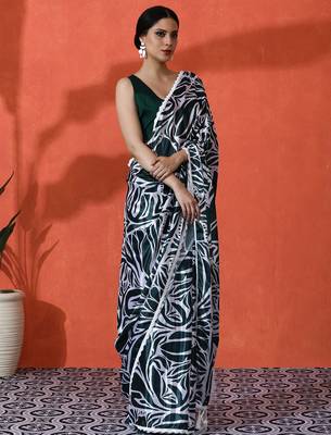 Green chinon digital printed saree 4