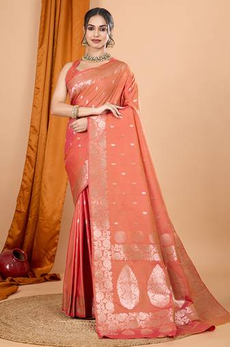 orange banarasi silk blend meenakari zari weaving saree with tassels on pallu