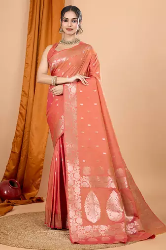 orange banarasi silk blend meenakari zari weaving saree with tassels on pallu