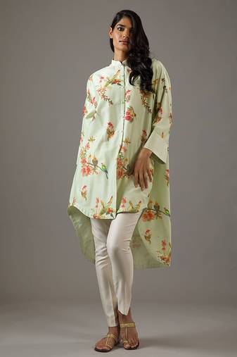 Green floral printed chanderi silk short kurta