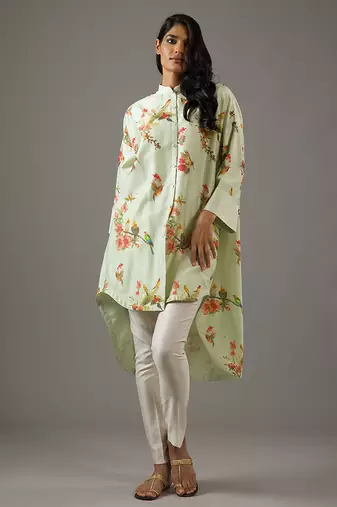 Green floral printed chanderi silk short kurta