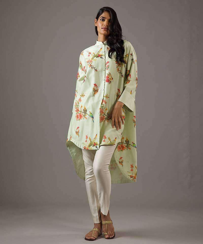 Green floral printed chanderi silk short kurta