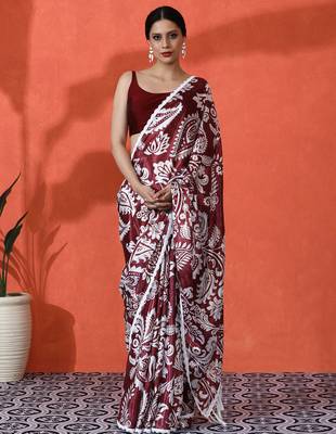 Wine chinon digital printed saree 1