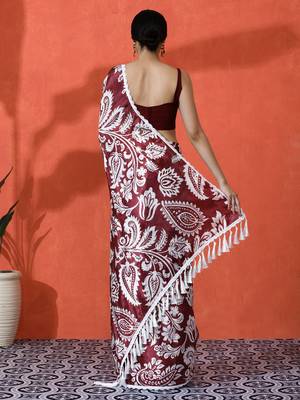 Wine chinon digital printed saree 2