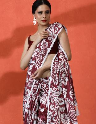 Wine chinon digital printed saree 3