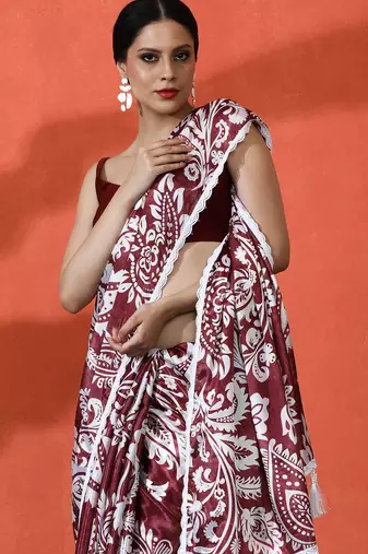 Wine chinon digital printed saree