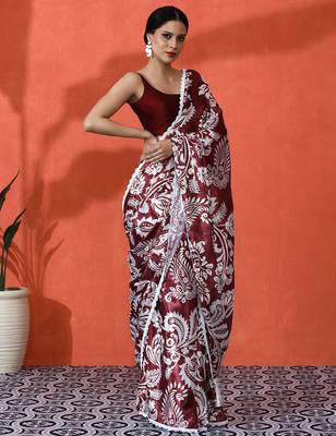 Wine chinon digital printed saree 4