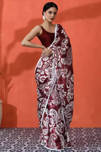 Wine chinon digital printed saree