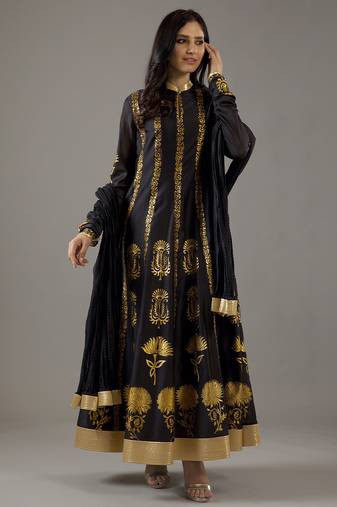 Black floral printed chanderi silk anarkali set