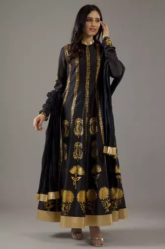 Black floral printed chanderi silk anarkali set
