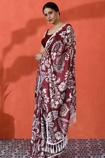 Wine chinon digital printed saree
