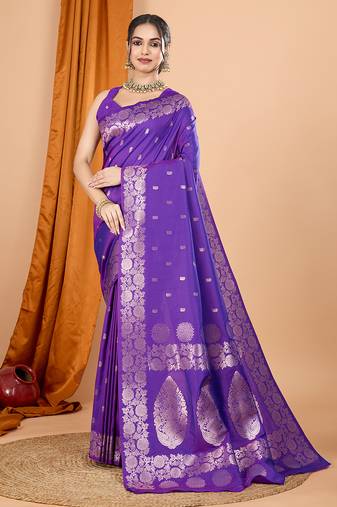 purple banarasi silk blend meenakari zari weaving saree with tassels on pallu