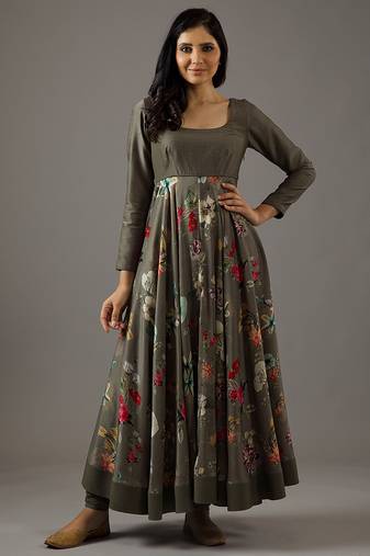 Grey floral printed chanderi silk anarkali set