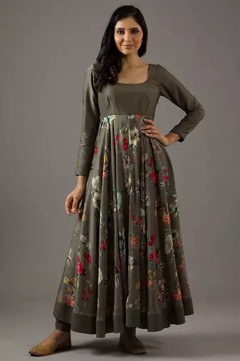 Grey floral printed chanderi silk anarkali set