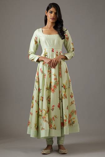 Green floral printed chanderi silk anarkali set