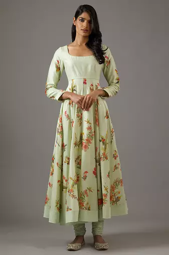Green floral printed chanderi silk anarkali set